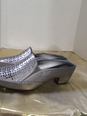 cloudwalkers Silver Perforated Slip-On Mule with Low Block Heel NWOT